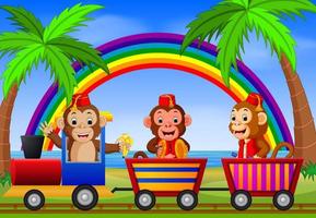 Monkey on the train with rainbow illustration vector