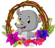 cute rhino in root of tree frame with flower vector