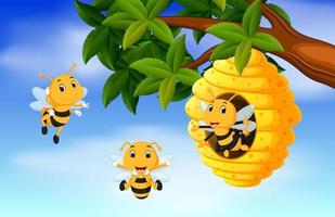 ilustración de una abeja de miel debajo de un árbol vector