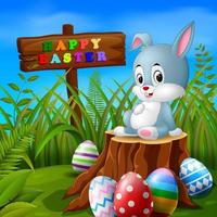 Easter bunny and eggs in garden illustration vector