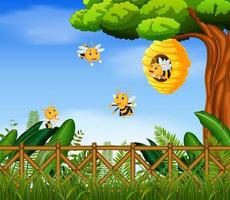 escena con abejas volando alrededor de colmena ilustración vector