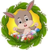 easter bunny in leaf frame vector