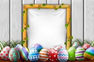 easter eggs in the garden with blank frame vector