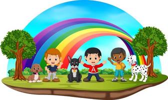 niños y perros en el parque el día del arco iris vector