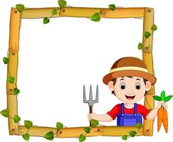 Farmer on the wood frame with roots and leaf vector