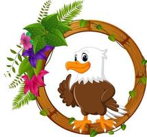 Eagle on round wood frame with flower vector