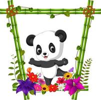 lindo panda en marco de bambú con escena de flores vector