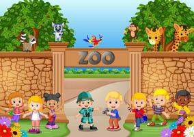 Kids playing at the zoo with zookeeper and animal vector