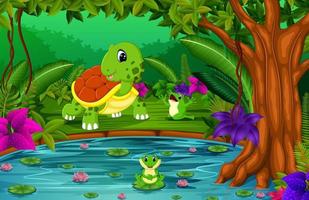 tortuga y rana en la jungla con escena del lago vector