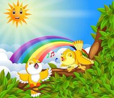 muchos pájaros en la rama del árbol con la escena del arco iris vector