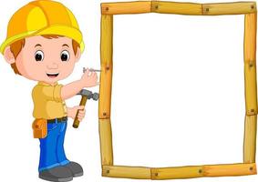 Carpenter with hammer and wood frame vector