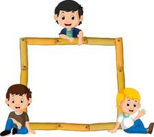 kids on the wood frame with roots and leaf vector