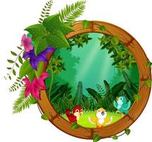 three bird on round wood frame with forest scene vector