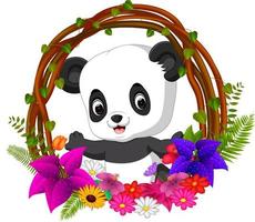 cute panda in root of tree frame with flower vector