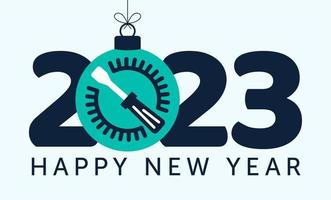 2023 happy new year. Fix new 2023 year concept with screwdriver gear in christmas ball hang on a thread on white background. Vector illustration repair concept