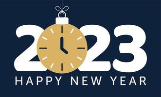 2023 feliz año nuevo ilustración vectorial. 2023 año nuevo con bola de adorno de reloj azul sobre fondo negro ilustración en estilo plano y de dibujos animados vector