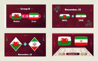 wales vs iran match. Football 2022 world championship match versus teams on soccer field. Intro sport background, championship competition final poster, flat style vector illustration