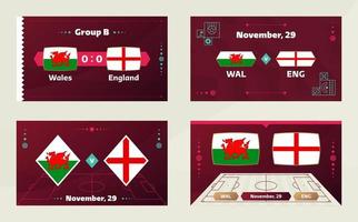 wales vs England match. Football 2022 world championship match versus teams on soccer field. Intro sport background, championship competition final poster, flat style vector illustration
