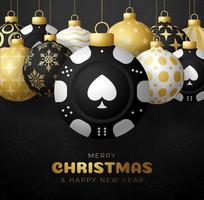 Casino Poker Christmas card set. Merry Christmas sport greeting card. Hang on a thread casino poker chip as a xmas ball and golden bauble on black background vector