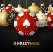 Casino Poker Christmas card set. Merry Christmas sport greeting card. Hang on a thread casino poker red chip as a xmas ball and golden bauble on black background vector