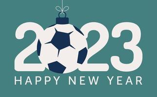 2023 fútbol feliz año nuevo. tarjeta de felicitación deportiva con fútbol y pelota de fútbol en el fondo de estrella plana. ilustración vectorial vector