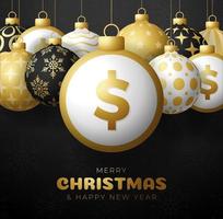 Merry Christmas gold dollar symbol banner set. Dollar sign as christmas bauble ball hanging greeting card. Vector image for xmas, finance, new years day, banking, money