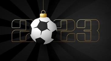 2023 football Happy New Year. Sports greeting card with golden soccer and football ball on the luxury background. Vector illustration.