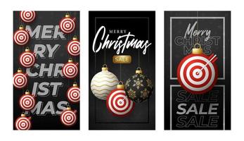 Christmas Target Dash sale card. Merry Christmas sport greeting card set. Hang on a thread Target Dash as a xmas ball and bauble on horizontal background. Sport Vector illustration.
