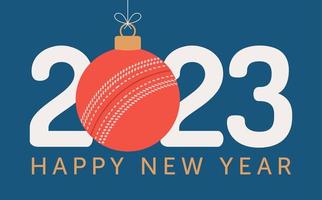 grillo 2023 feliz año nuevo. tarjeta de felicitación deportiva con pelota de cricket en el fondo plano. ilustración vectorial vector