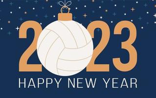 Volleyball 2023 Happy New Year. Sports greeting card with volleyball ball on the flat background. Vector illustration.