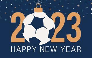 2023 football Happy New Year. Sports greeting card with soccer and football ball on the flat star background. Vector illustration.