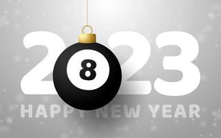 billar 2023 feliz año nuevo. tarjeta de felicitación deportiva con una bola de billar 8 en el fondo de lujo con copo de nieve. ilustración vectorial vector