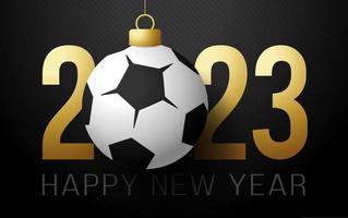 2023 fútbol feliz año nuevo. tarjeta de felicitación deportiva con fútbol dorado y pelota de fútbol en el fondo de lujo. ilustración vectorial vector