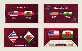 partido usa vs gales. partido del campeonato mundial de fútbol 2022 contra equipos en el campo de fútbol. fondo deportivo de introducción, póster final de la competición del campeonato, ilustración vectorial de estilo plano vector