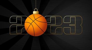 Basketball 2023 Happy New Year. Sports greeting card with golden basketball ball on the luxury background. Vector illustration.