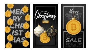 Merry Christmas gold bitcoin symbol banner set. bitcoin sign as christmas bauble ball hanging greeting card. Vector image for xmas, finance, new years day, banking, money
