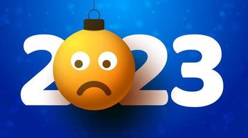 Greeting card for 2023 new year with sad emoji face that hangs on thread like a christmas toy, ball or bauble. New year emotion concept vector illustration