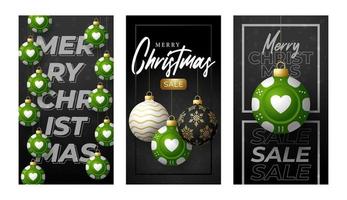 Casino Poker Christmas card set. Merry Christmas sport greeting card. Hang on a thread casino poker green chip as a xmas ball and golden bauble on black background vector