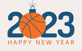 Basketball 2023 Happy New Year. Sports greeting card with basketball ball on the flat background. Vector illustration.