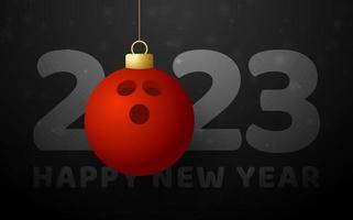 bolos 2023 feliz año nuevo. tarjeta de felicitación deportiva con bola de bolos dorada en el fondo de lujo. ilustración vectorial vector