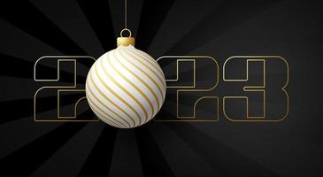 2023 Happy New Year. Luxury greeting card with a white and gold christmas tree ball on the royal black background. Vector