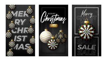 dart Christmas card. Merry Christmas sport greeting card set. Hang on a thread dartboard as a xmas ball and golden bauble on black background. Sport Vector illustration.