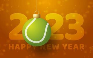 tenis 2023 feliz año nuevo. tarjeta de felicitación deportiva con pelota de tenis en el fondo de lujo. ilustración vectorial vector