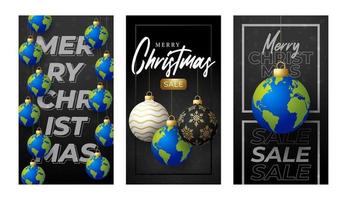 planet earth Christmas ball card. Merry Christmas world greeting card set. Hang on a thread earth planet as a xmas ball bauble on black background. world Vector illustration.