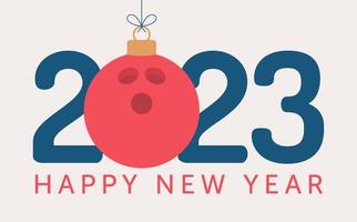 Bowling 2023 Happy New Year. Sports greeting card with bowling ball on the flat background. Vector illustration.