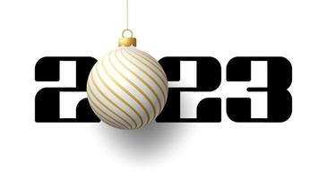 2023 Happy New Year. Luxury greeting card with a white and gold christmas tree ball on the royal black background. Vector