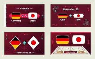 alemania vs japon, futbol 2022, grupo e. partido de campeonato mundial de fútbol versus antecedentes deportivos de introducción de equipos, afiche final de la competencia de campeonato, ilustración vectorial. vector