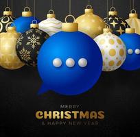 Chat Christmas card. Merry Christmas talk speak greeting card set. Hang on a thread blue chat bubble as a xmas ball bauble on black background. Communication Vector illustration.