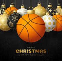 feliz navidad y próspero año nuevo tarjeta de felicitación deportiva de lujo. pelota de baloncesto como una bola de navidad sobre fondo negro. ilustración vectorial. vector