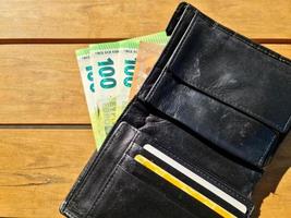 A black leather wallet containing several 100 euro banknotes . photo